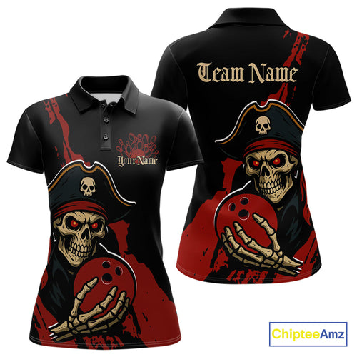 Custom Black And Red Pirate Bowling Women Polo Shirts, Bowling Team Bowling League Shirt IPHW9048
