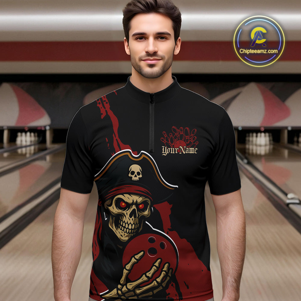 Custom Black And Red Pirate Bowling Men Quarter-Zip Shirts, Bowling Team Bowling League Shirt IPHW9048