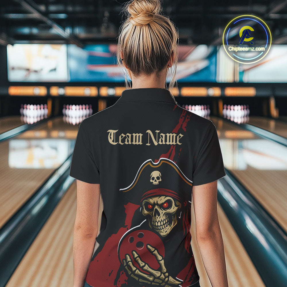 Custom Black And Red Pirate Bowling Women Quarter-Zip Shirts, Bowling Team Shirt IPHW9048