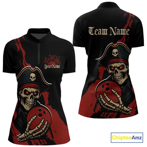 Custom Black And Red Pirate Bowling Women Quarter-Zip Shirts, Bowling Team Shirt IPHW9048