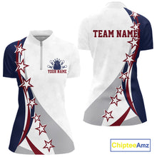Load image into Gallery viewer, Front and back red, white, and blue women’s bowling quarter zip mockup with bowling artwork, sweeping stars, and stripe patterns.