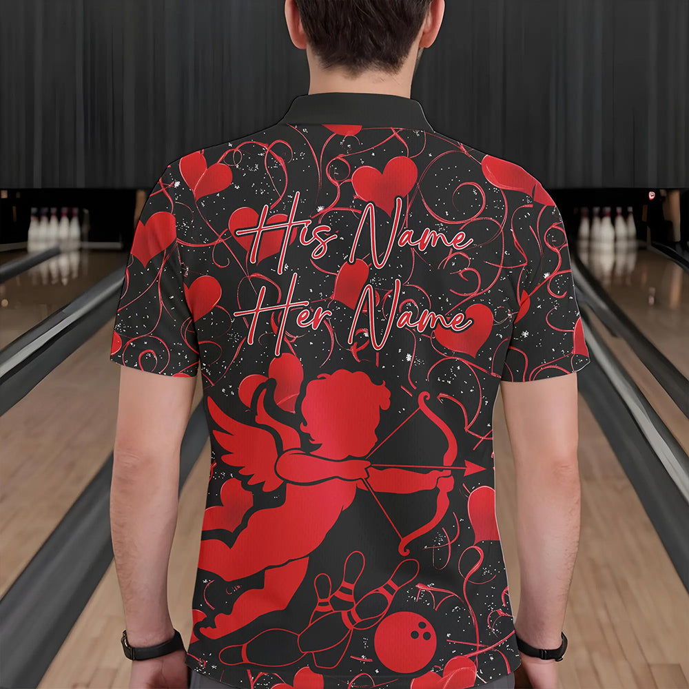 Black And Red Custom Valentines Day Bowling Polo Shirts For Men, Bowling Couple Shirt IPHW8329
