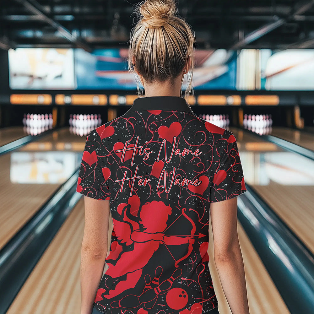 Black And Red Custom Valentines Day Bowling Polo Shirts For Women, Bowling Couple Shirt IPHW8329