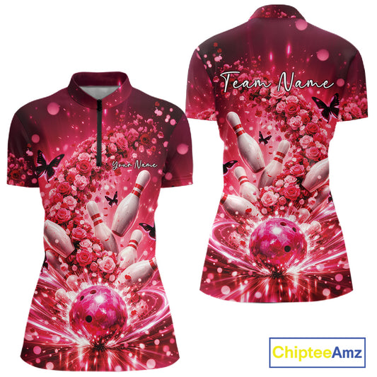 Custom Pink Roses And Butterfly Women Bowling Shirt, Flower Ladies Bowling Jerseys IPHW10893