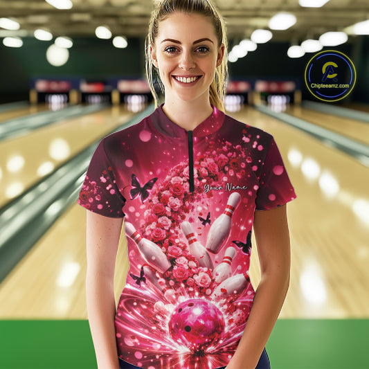 Custom Pink Roses And Butterfly Women Bowling Shirt, Flower Ladies Bowling Jerseys IPHW10893