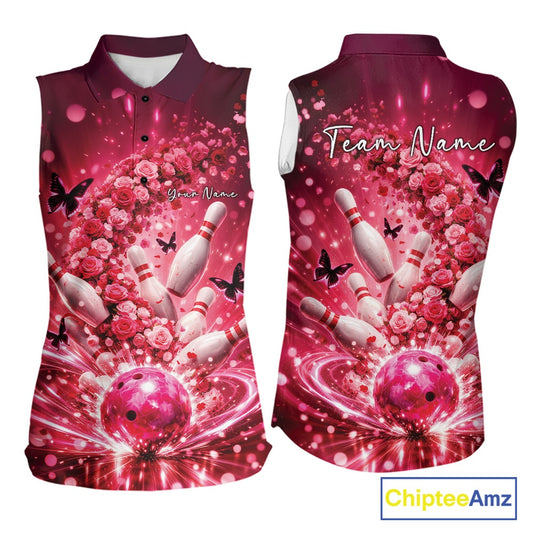 Custom Pink Roses And Butterfly Women Bowling Shirt, Flower Ladies Bowling Jerseys IPHW10893