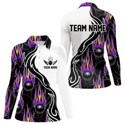 Custom Purple Flame Bowling Women Long Sleeve Polo Shirts, Bowling Team Jerseys IPHW4598