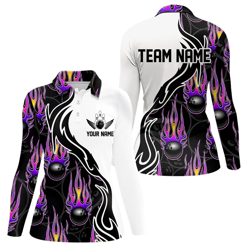 Custom Purple Flame Bowling Women Long Sleeve Polo Shirts, Bowling Team Jerseys IPHW4598