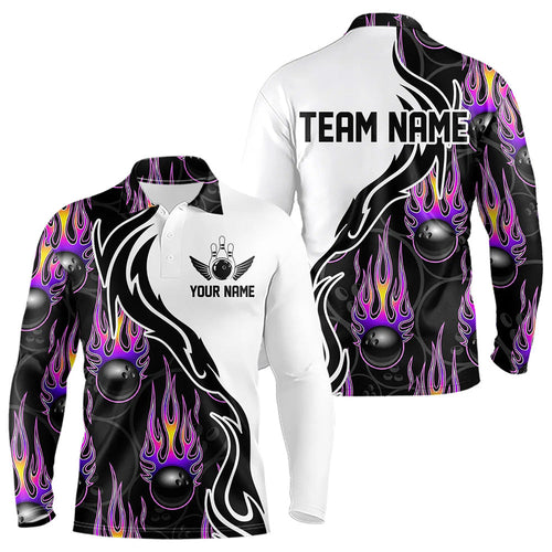 Custom Purple Flame Bowling Long Sleeve Polo Shirts For Men, Personalized Bowling Team Jerseys IPHW4598