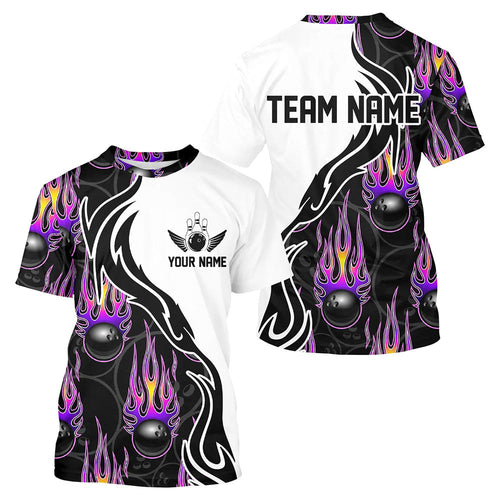 Custom Purple Flame Bowling T-Shirts For Men, Personalized Bowling Team Jerseys IPHW4598
