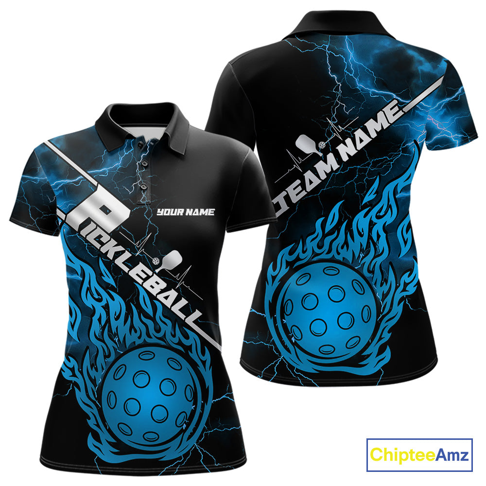 Custom Black And Blue Thunder Lightning Flame Pcikleball Polo Team Shirts For Women IPHW9305