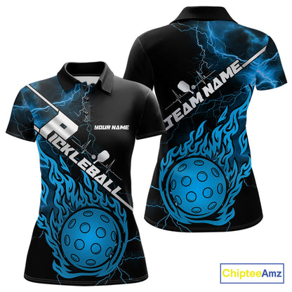 Custom Black And Blue Thunder Lightning Flame Pcikleball Polo Team Shirts For Women IPHW9305
