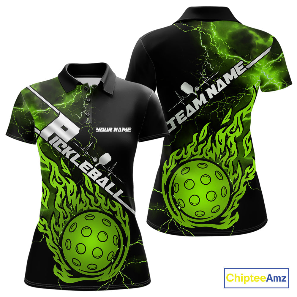 Custom Black And Green Thunder Lightning Flame Pcikleball Polo Team Shirts For Women IPHW9307