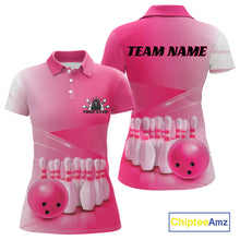 Load image into Gallery viewer, Front and back women’s polo shirt mockup featuring bowling ball and pins artwork arranged within a pink gradient layout.
