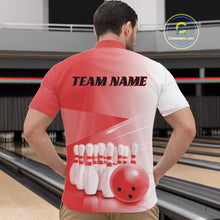 Load image into Gallery viewer, Front view male model at a bowling lane wearing a quarter zip shirt with bowling ball and pins arranged through a pink gradient pattern.