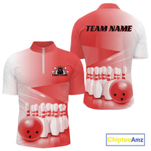 Load image into Gallery viewer, Men’s bowling quarter zip shirt mockup shown front and back with bowling ball and pins artwork in a pink gradient layout.
