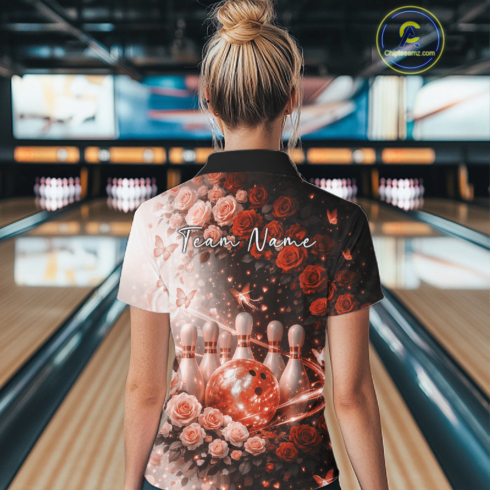 Custom Dreamy Orange Roses And Butterfly Women Bowling Polo Shirt, Ladies Bowling Shirt IPHW10900