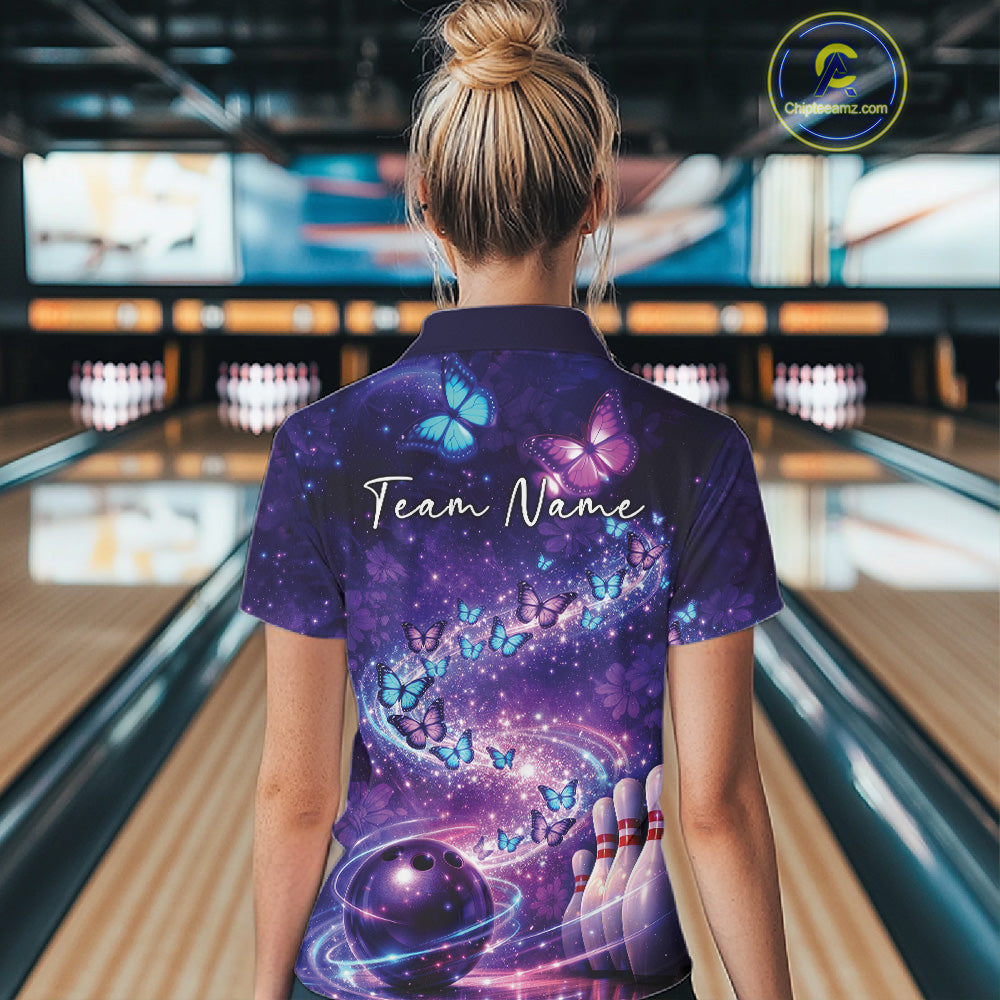 Custom Elegant Blue And Purple Butterfly Women Bowling Shirt, Ladies Bowling Team Outfit IPHW10908