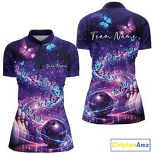 Load image into Gallery viewer, Custom Elegant Blue And Purple Butterfly Women Bowling Shirt, Ladies Bowling Team Outfit IPHW10908