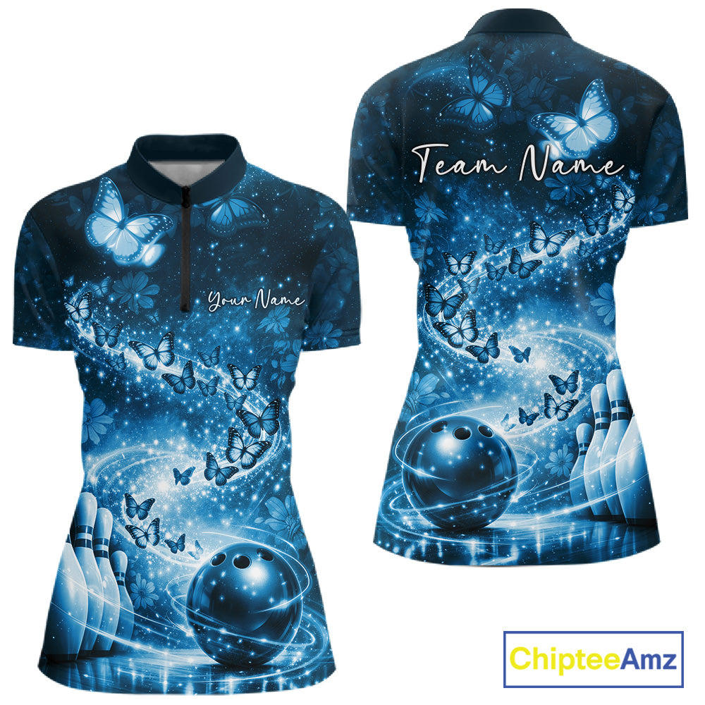 Custom Elegant Blue Butterfly Women Bowling Shirt, Ladies Bowling Team Outfit IPHW10910