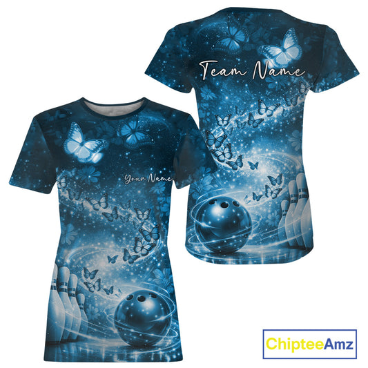 Custom Elegant Blue Butterfly Women Bowling, Ladies Bowling Team Outfit IPHW10910