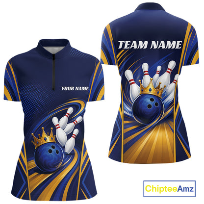 Custom Blue And Gold Queen Crown Bowling Women Quarter-Zip Shirt, Bowling League Shirt IPHW11823