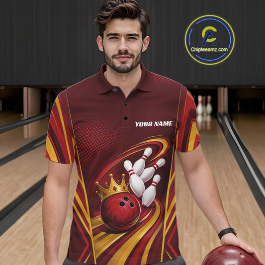 Custom Red And Gold King Crown Bowling Team Men Polo Shirt, Bowling League Shirt IPHW11824
