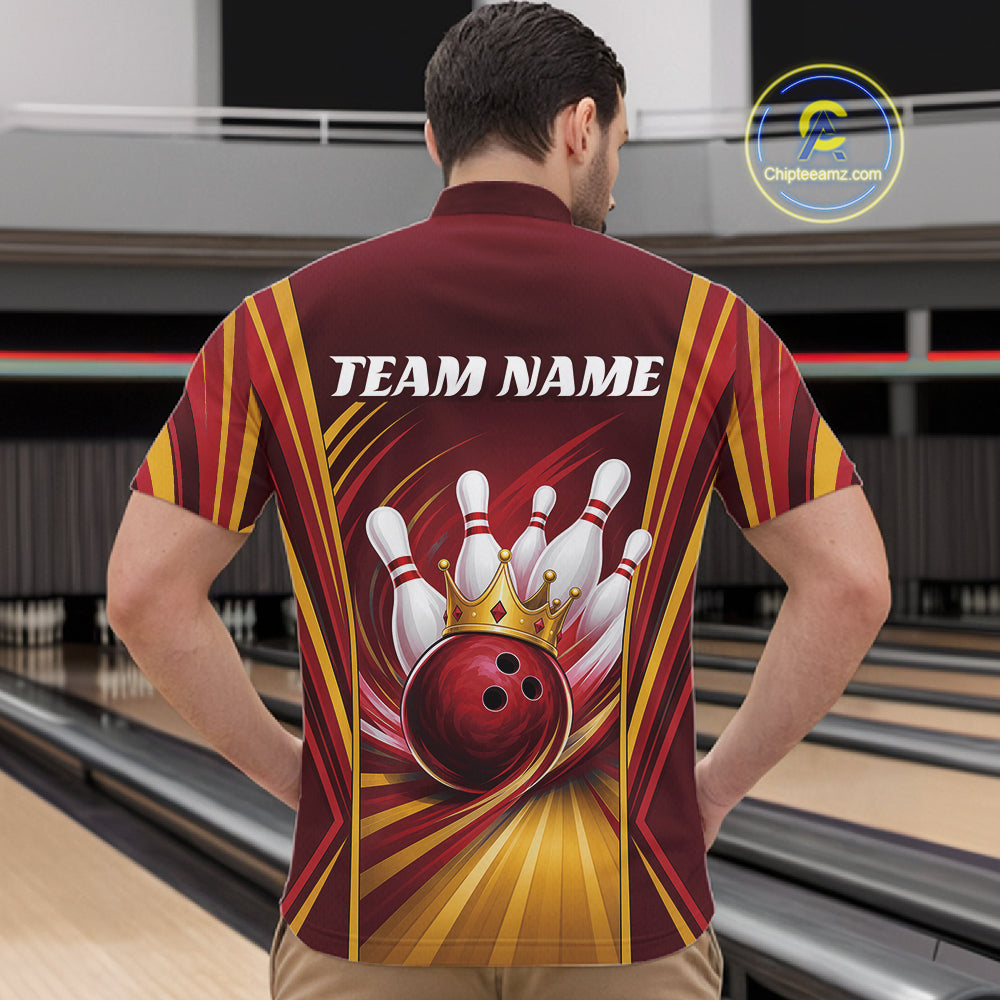 Custom Red And Gold King Crown Bowling Team Men Quarter Zip Shirt, Bowling League Shirt IPHW11824