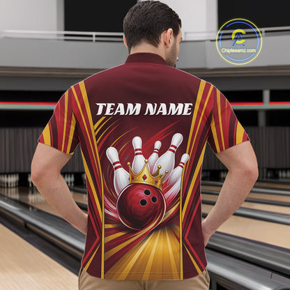 Custom Red And Gold King Crown Bowling Team Men Quarter Zip Shirt, Bowling League Shirt IPHW11824