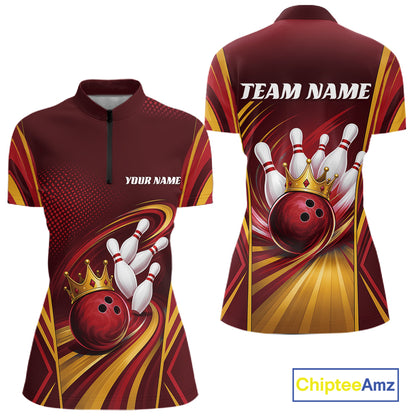 Custom Red And Gold Queen Crown Bowling Women Quarter-Zip Shirt, Bowling League Shirt IPHW11824