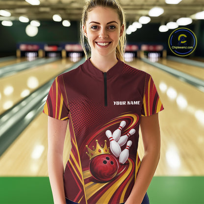 Custom Red And Gold Queen Crown Bowling Women Quarter-Zip Shirt, Bowling League Shirt IPHW11824