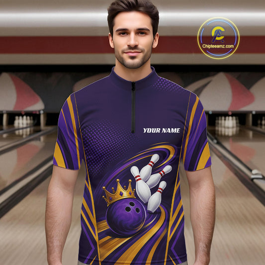 Custom Purple And Gold King Crown Bowling Team Men Quarter Zip Shirt, Bowling League Shirt IPHW11825