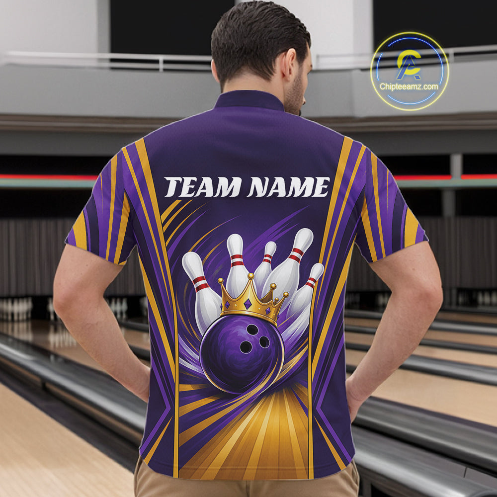 Custom Purple And Gold King Crown Bowling Team Men Quarter Zip Shirt, Bowling League Shirt IPHW11825