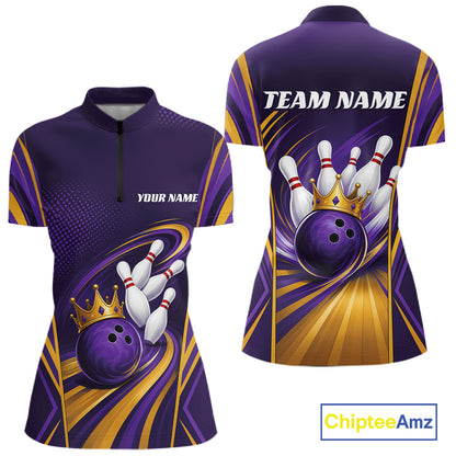 Custom Purple And Gold Queen Crown Bowling Women Quarter-Zip Shirt, Bowling League Shirt IPHW11825