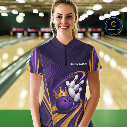 Custom Purple And Gold Queen Crown Bowling Women Quarter-Zip Shirt, Bowling League Shirt IPHW11825