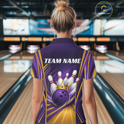 Custom Purple And Gold Queen Crown Bowling Women Quarter-Zip Shirt, Bowling League Shirt IPHW11825