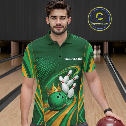 Custom Green And Gold King Crown Bowling Team Men Polo Shirt, Bowling League Shirt IPHW11826