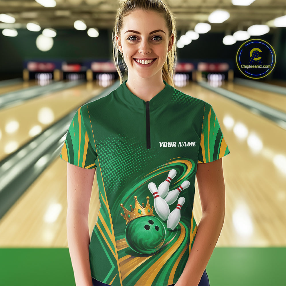 Custom Green And Gold Queen Crown Bowling Women Quarter-Zip Shirt, Bowling League Shirt IPHW11826
