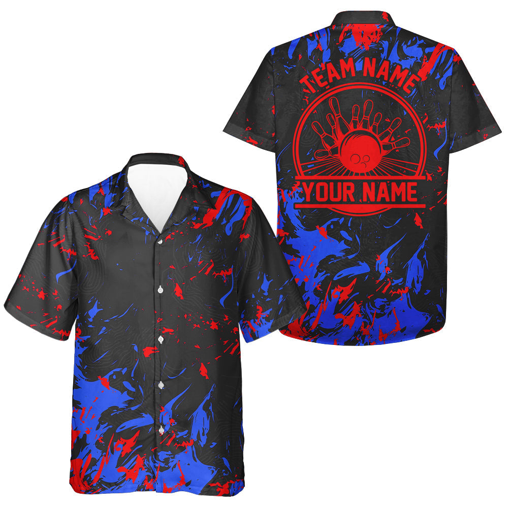 Custom Blue And Red Bowling Men And Women Hawaiian Shirts, Bowling Balls And Pins Bowling Team Shirts IPHW5399