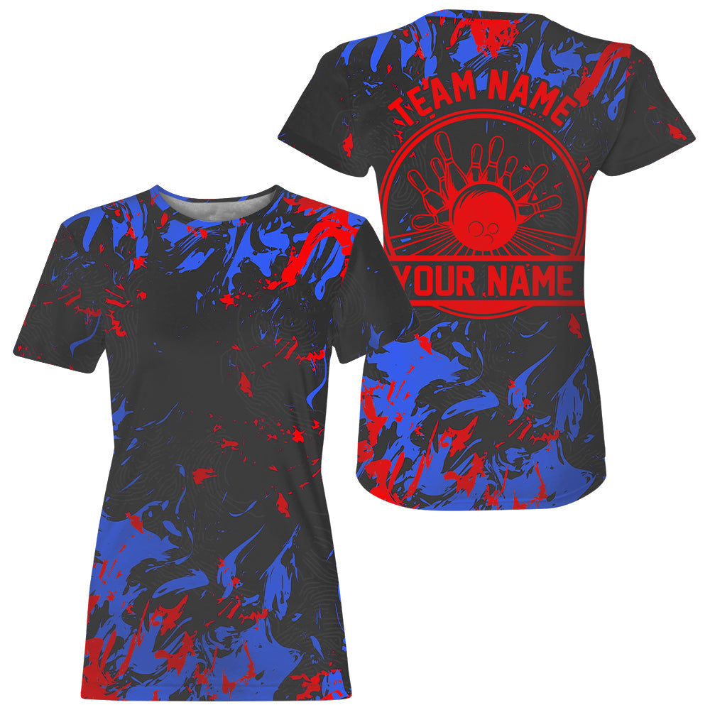 Custom Blue And Red Bowling Women T-Shirts Shirts, Bowling Balls And Pins Bowling Team IPHW5399