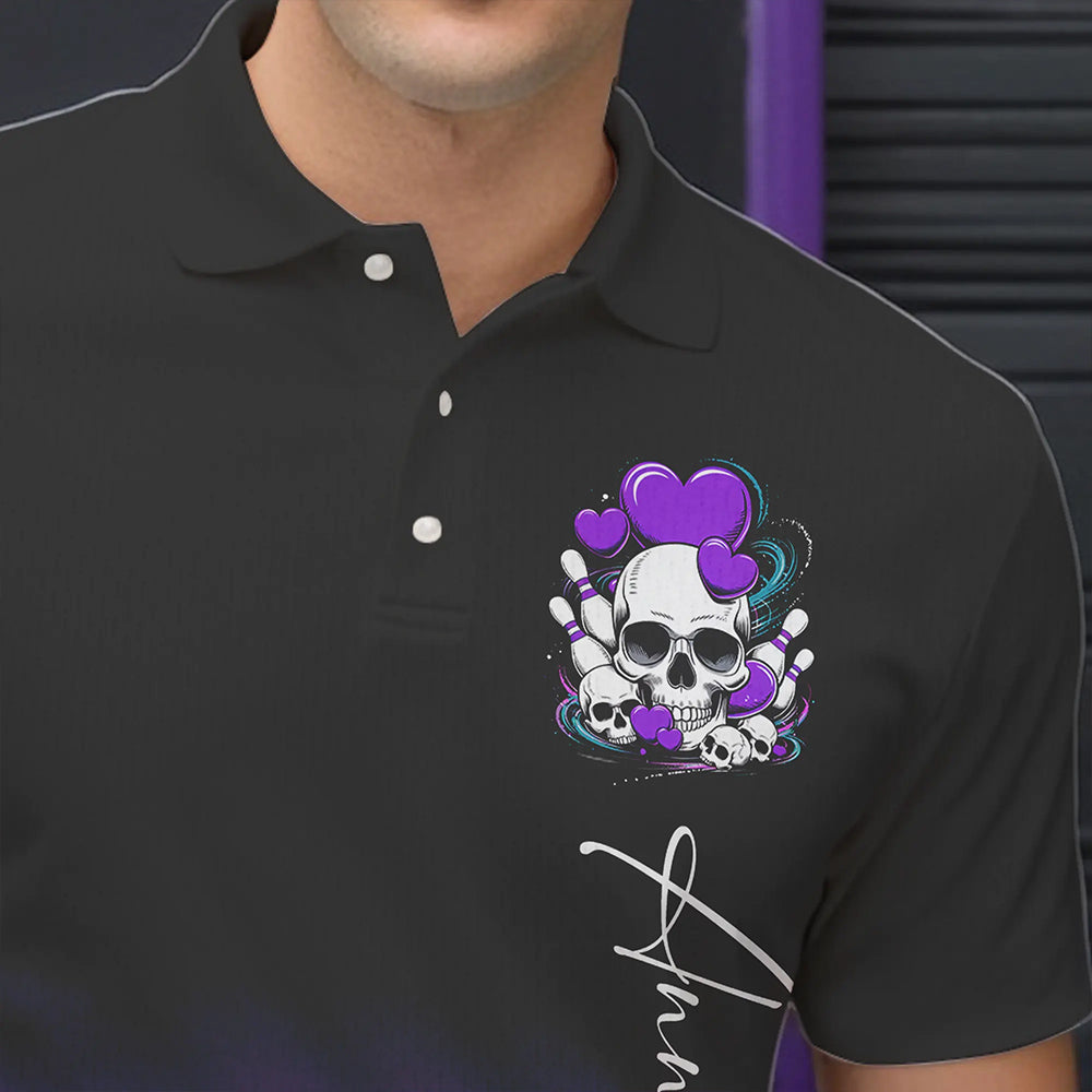 Custom Black And Purple Skull Valentines Day Couple Bowling Polo Shirts For Men IPHW8342