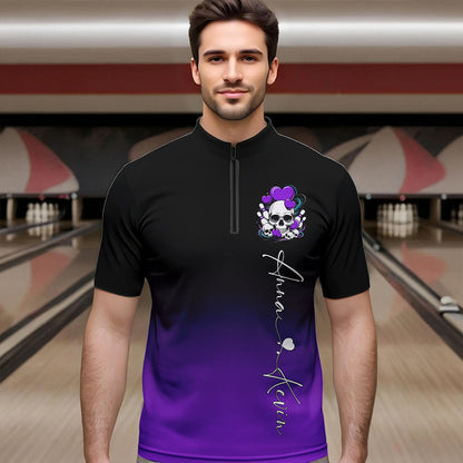 Custom Black And Purple Skull Valentines Day Couple Bowling Quarter-Zip Shirts For Men IPHW8342