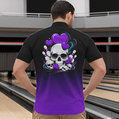 Custom Black And Purple Skull Valentines Day Couple Bowling Quarter-Zip Shirts For Men IPHW8342