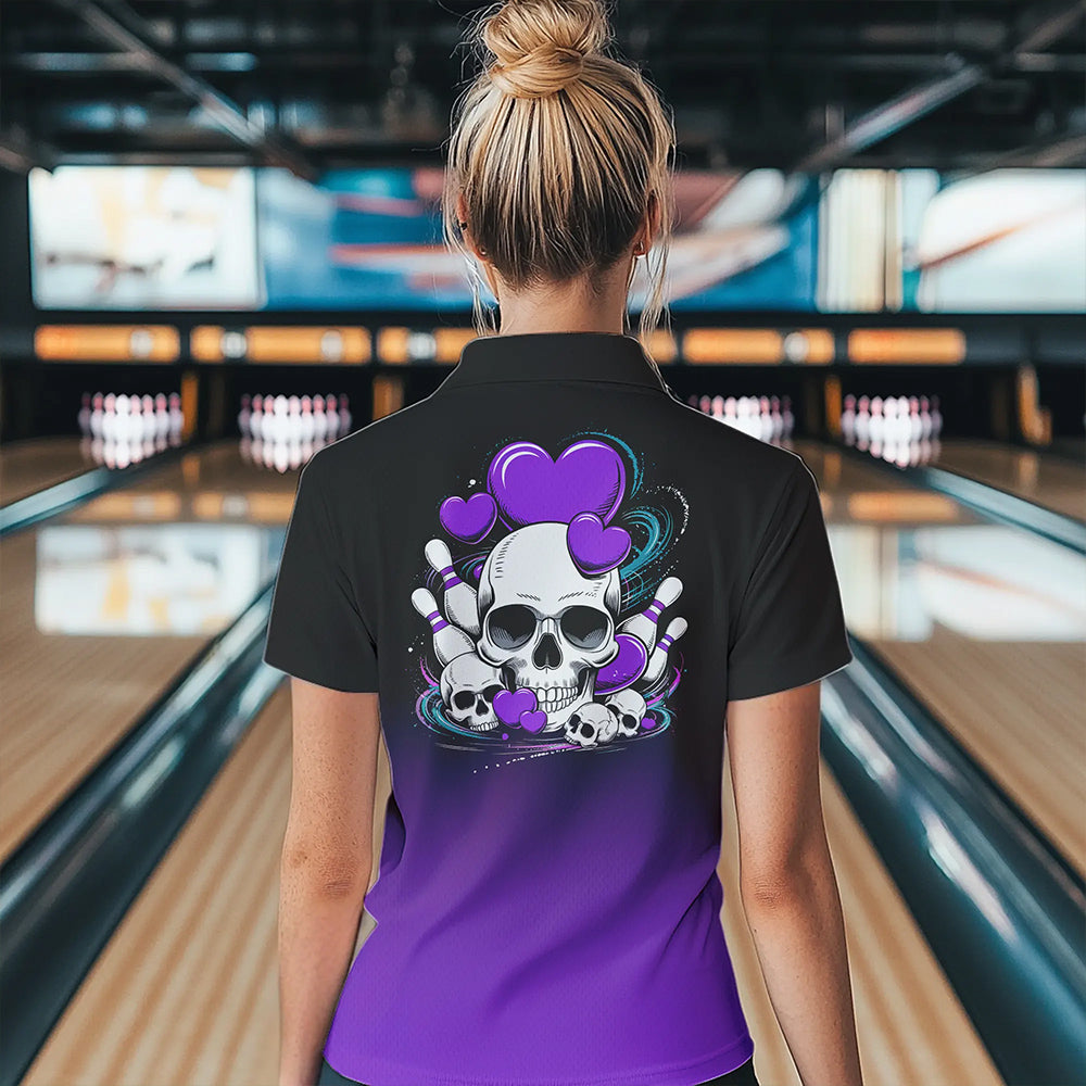 Custom Black And Purple Skull Valentines Day Couple Bowling Quarter-Zip Shirts For Women IPHW8342