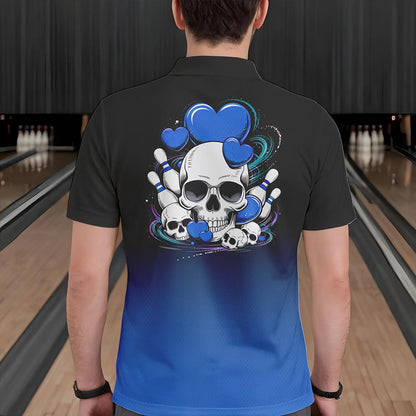 Custom Black And Blue Skull Valentines Day Couple Bowling Polo Shirts For Men IPHW8343