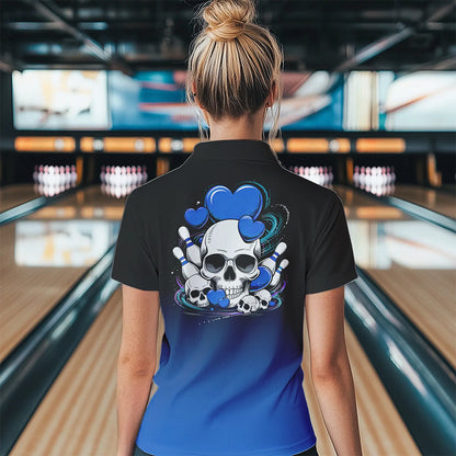 Custom Black And Blue Skull Valentines Day Couple Bowling Polo Shirts For Women IPHW8343