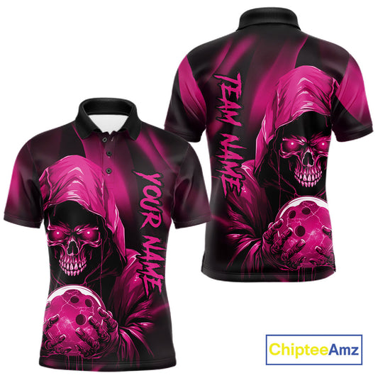 Pink Bowling Grim Reaper Custom Men Bowling Polo Shirts Skull Bowling Team Jerseys IPHW10697