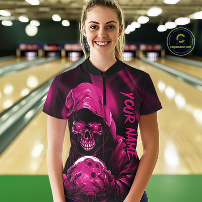 Pink Bowling Grim Reaper Custom Women Bowling Quarter-Zip Shirt Skull Bowling Jersey IPHW10697