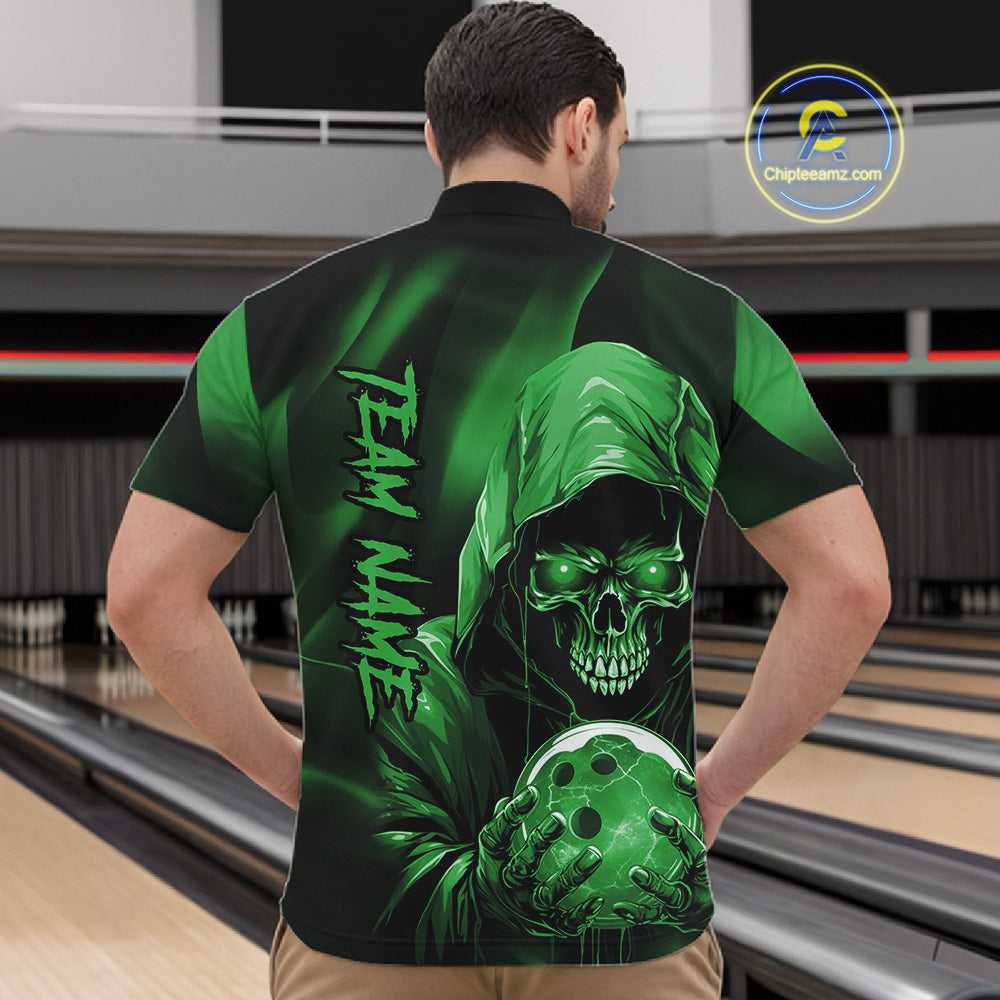 Green Bowling Grim Reaper Custom Men Bowling Quarter-Zip Shirts Skull Bowling Team Jerseys IPHW10698
