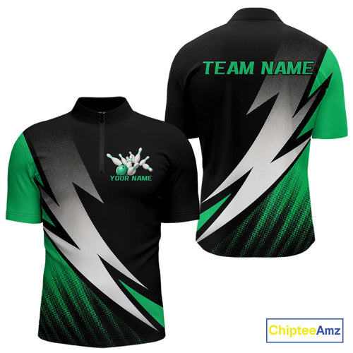 Black And Green Custom Bowling Jerseys, Men Quarter-Zip Shirt Bowling Tournament Outfits IPHW9079